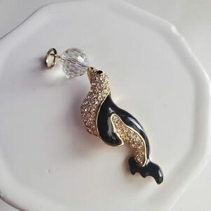 Swarovski Black Enamel Crystal Pave Sea Lion Seal Ball Pendant Gold Tone Charm